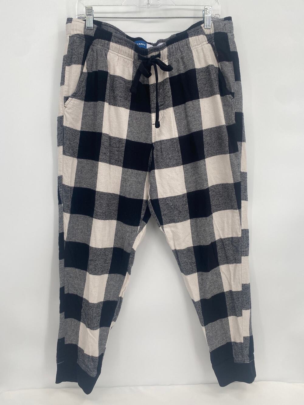 Old Navy black white plaid jogger pants Elastic Waist Tie Pockets Women's Large